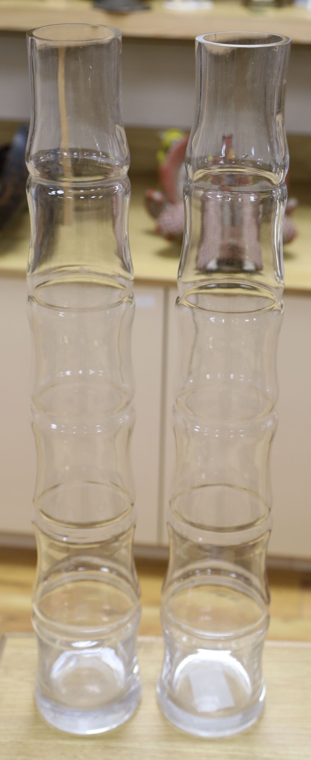 A pair of bamboo effect glass vases, circa 1970s, height 70cm